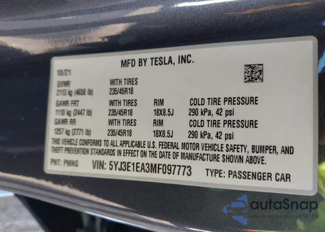 2021 Tesla Model 3 Standard Range Plus Rear-Wheel Drive from USA, damaged, VIN 5YJ3E1EA3MF097773